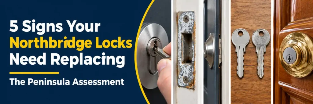 Five signs of worn or damaged door locks in Northbridge, including key difficulty, corrosion, door misalignment and worn keys. Copy alt text