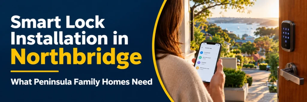Smart lock keypad and smartphone access log at a Northbridge family home overlooking Middle Harbour. Copy alt text